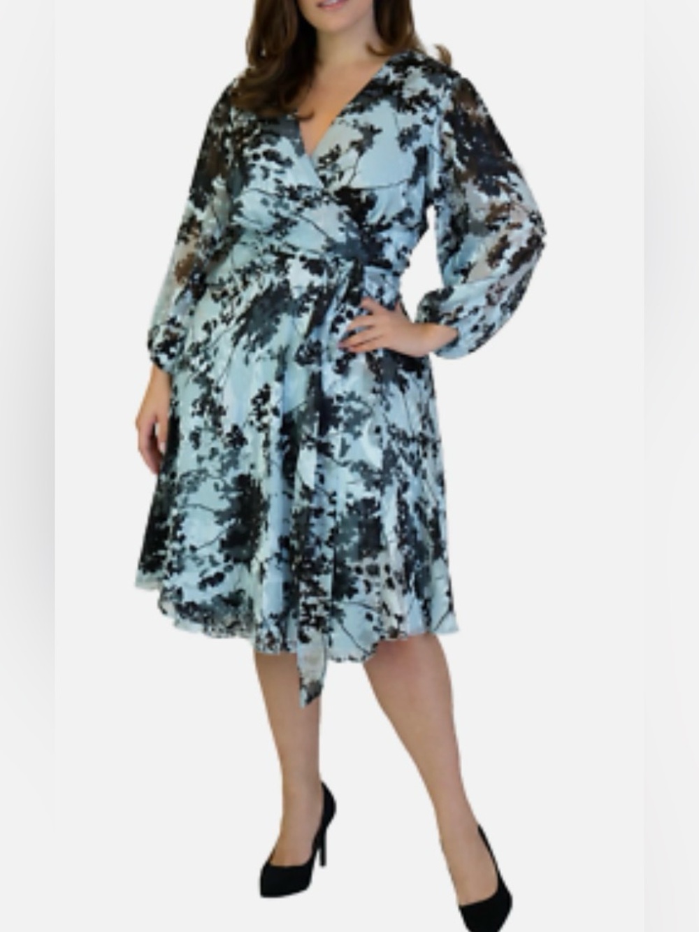Marée Pour Toi Blue Floral Long Sleeve Burnout Wrap Dress, Sz 18